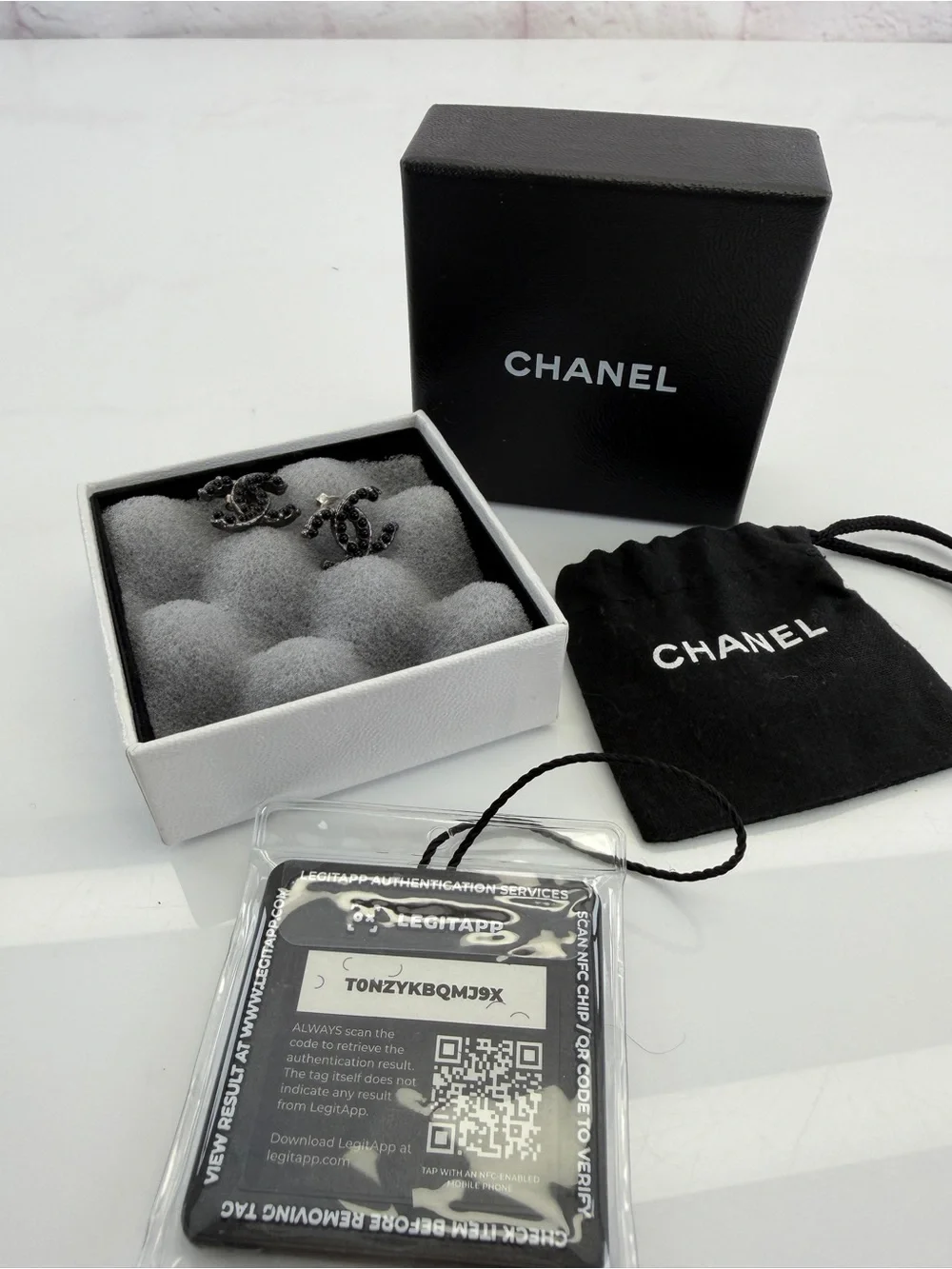 Chanel Black CC Crystal Ruthenium Studs Earrings